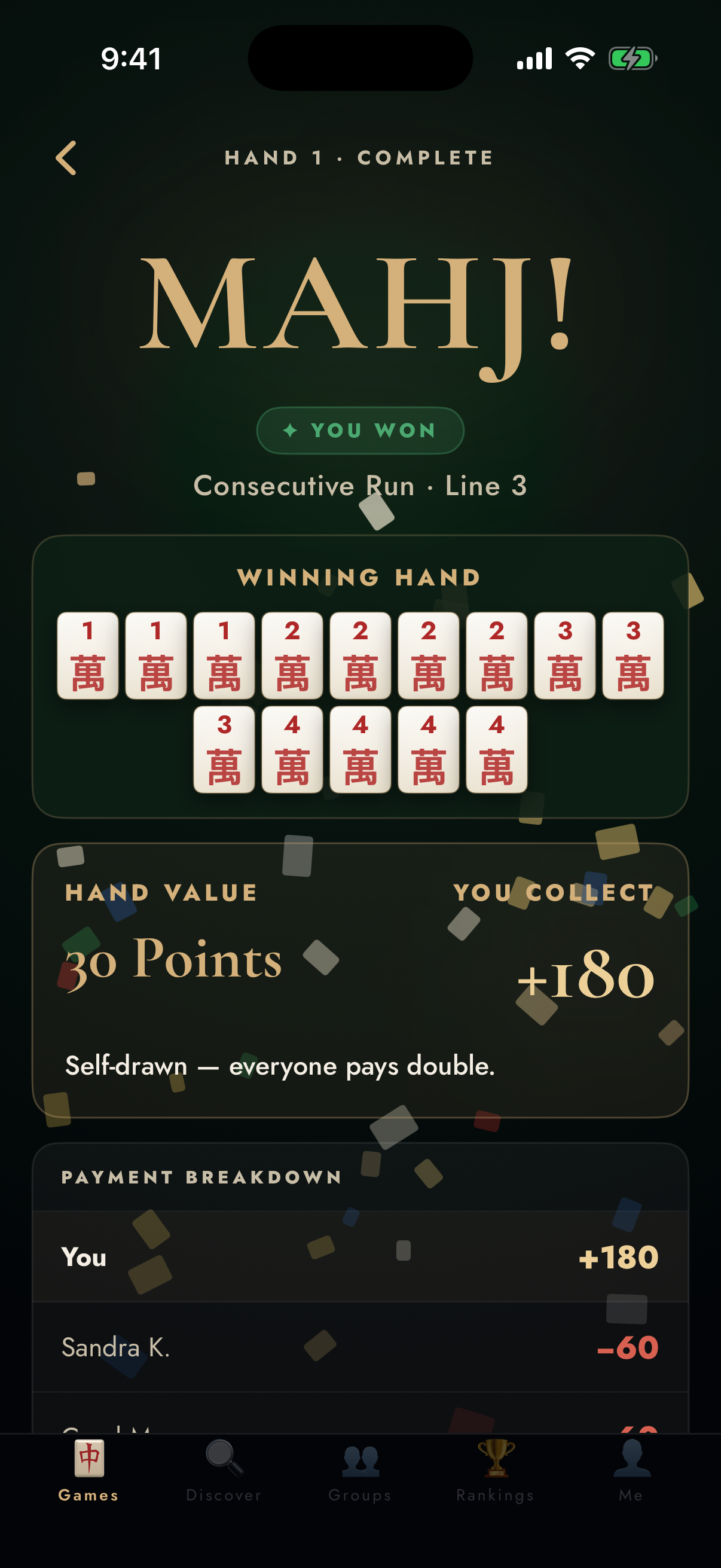 Mahj win screen with confetti